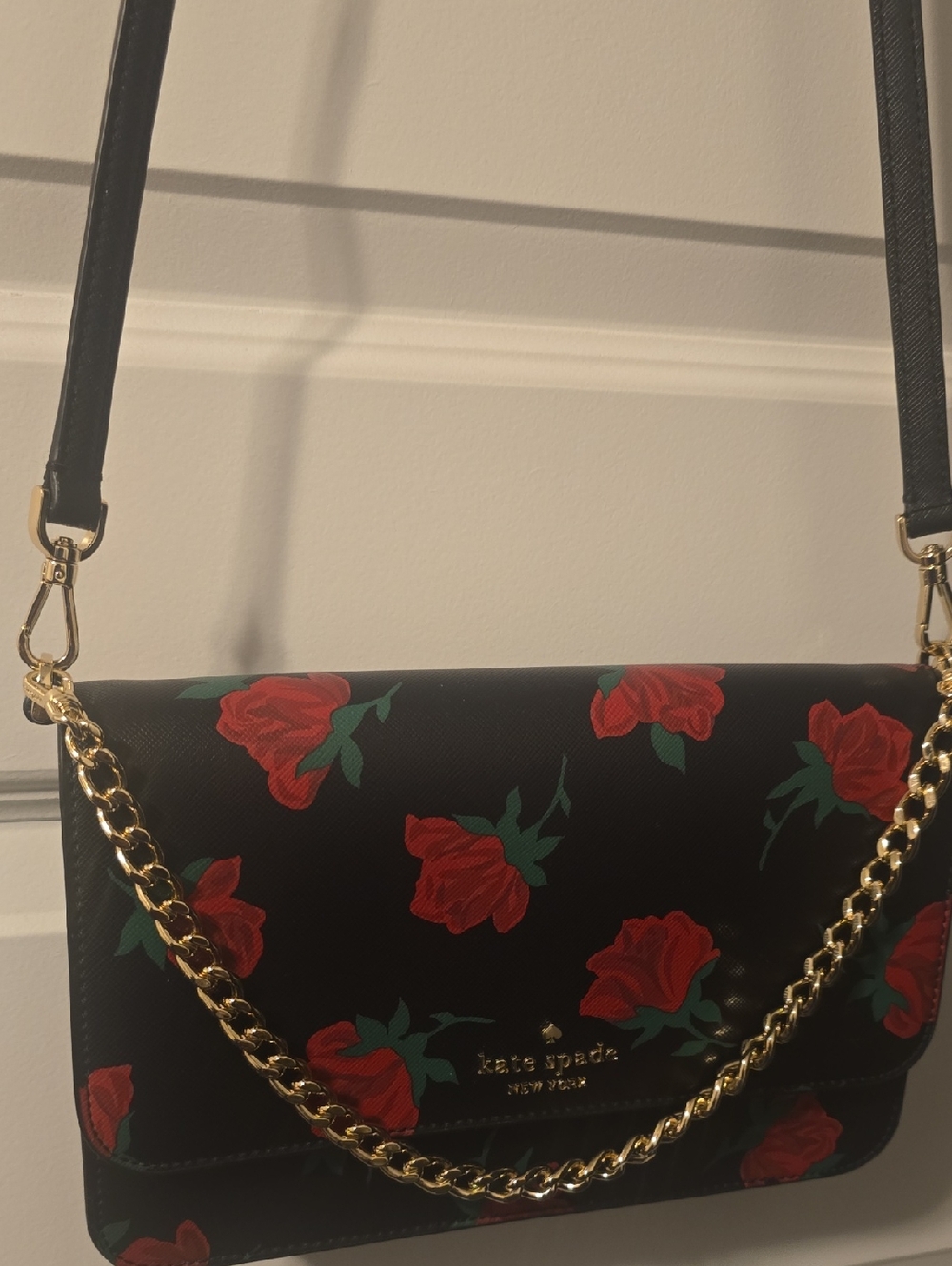 kate spade Black Crossbody with Red Rose Print and Chain